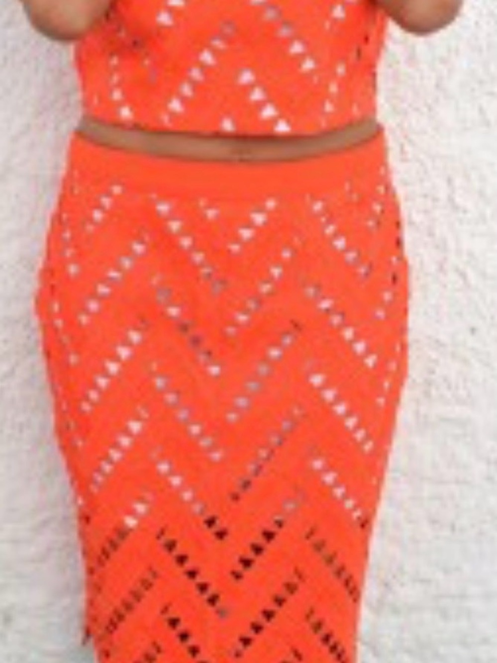 Endless Rose Bright Orange Crochet Chevron Pencil Skirt